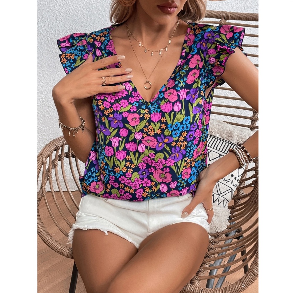 Floral Multicolor Shirt V-Neck Butterfly Cap Sleeve - Picture 5 of 7